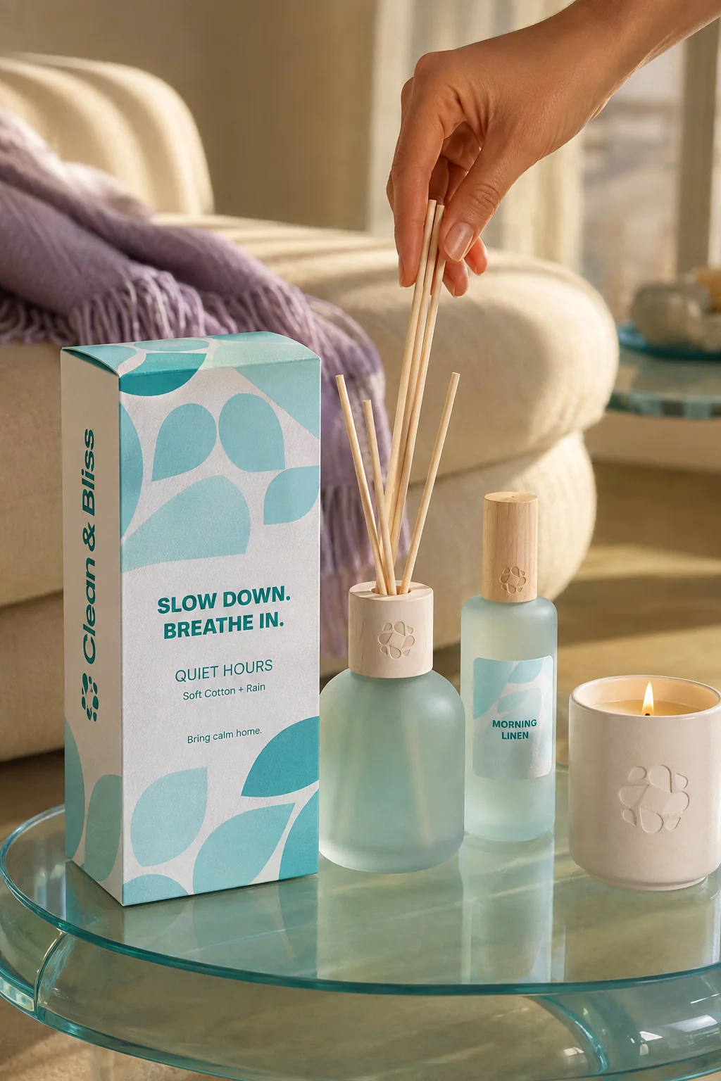 Clean and Bliss Quiet Hours product box beside a diffuser